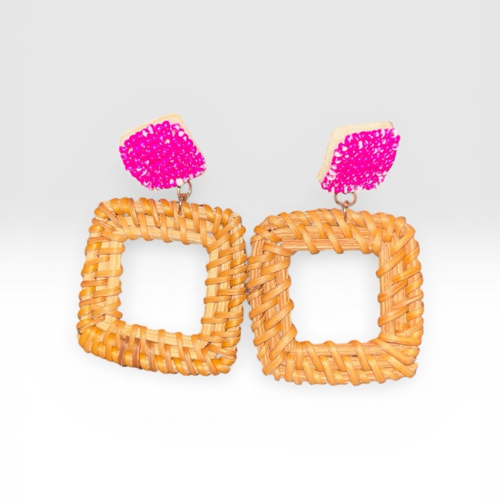Woven Square Drop Earrings with Hot Pink Accent